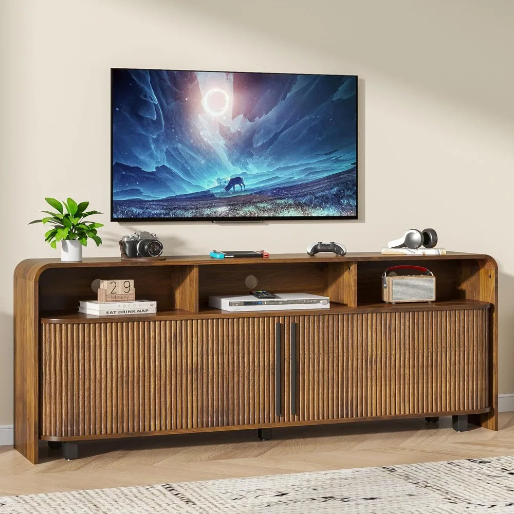 Fluted TV Stand for 75 65 80 Inch TV, Long Mid Century Modern Entertainment Center with Storage, Wood Media Console Cabinet