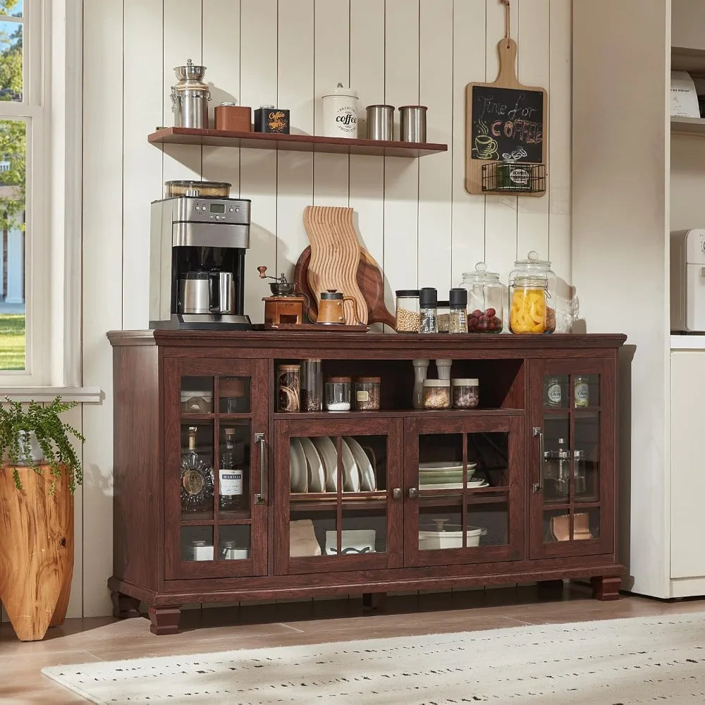 Large Sideboard Buffet Cabinet with Storage, Vintage Walnut Farmhouse 60" Wide Credenza Accent Cabinets with Glass Doors