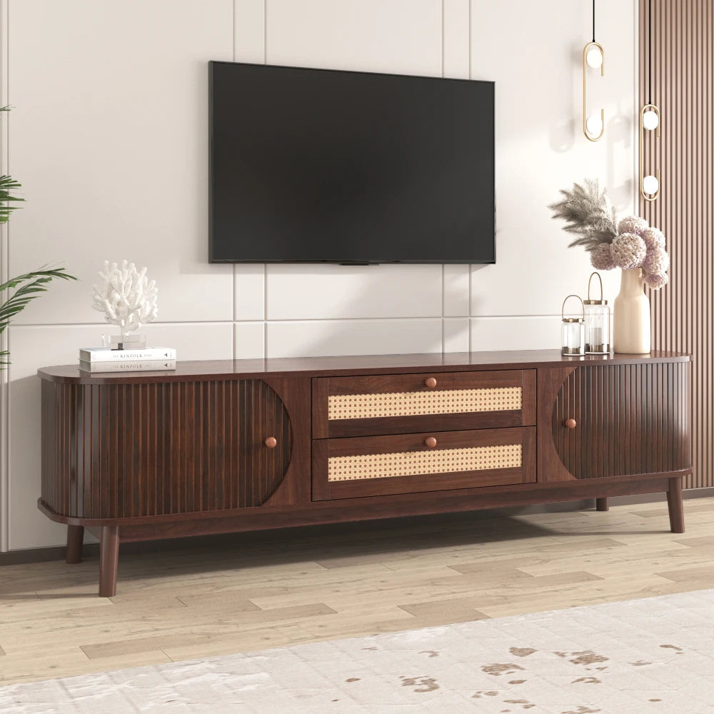 Rattan TV Stand for TVs up to 75'', Modern Farmhouse Media Console, Entertainment Center with Solid Wood Legs, TV Cabinet