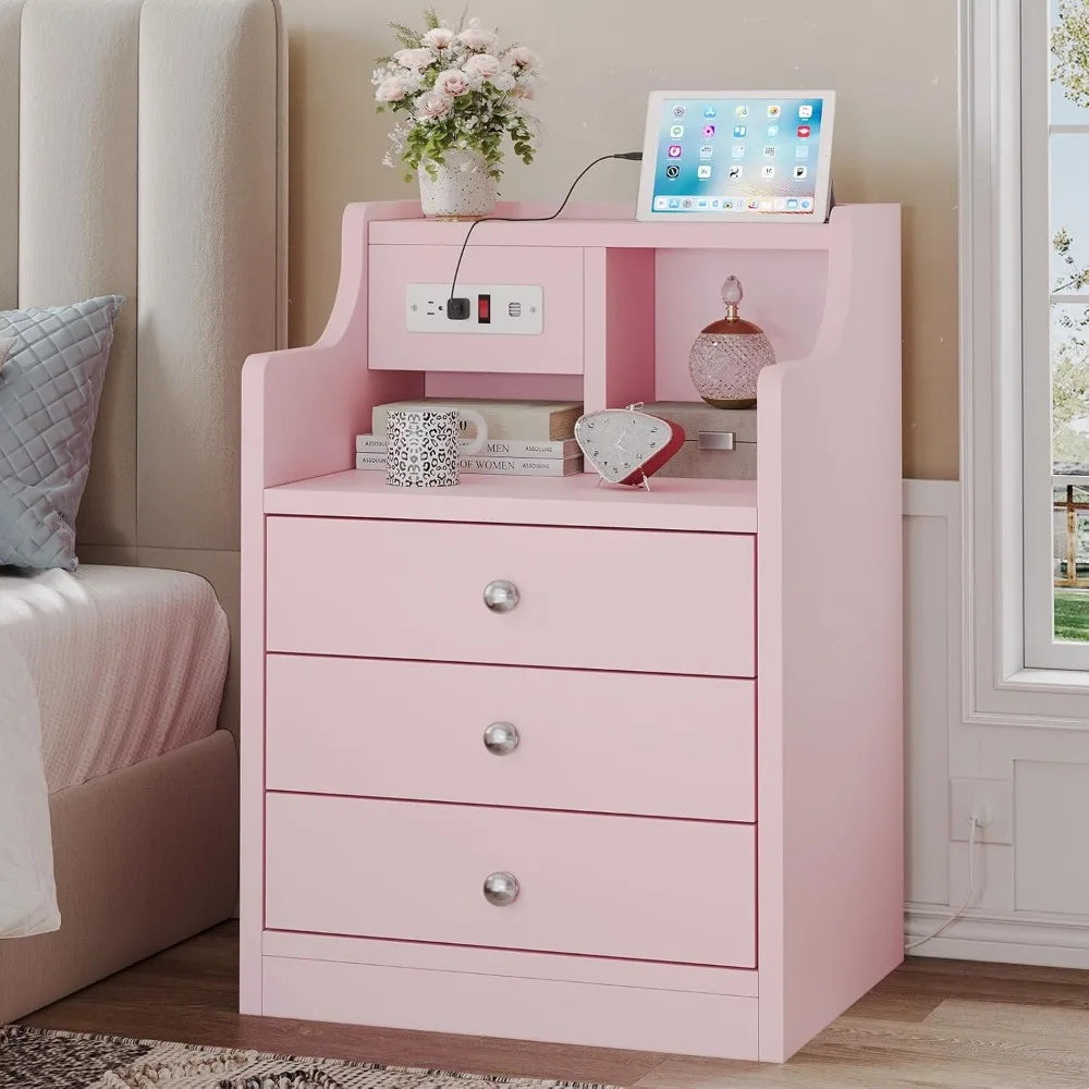 Nightstand with Charging Station, Pink Night Stands with Hutch, 3 Drawers Bedroom End Table Bedside Table with 2 USB Ports