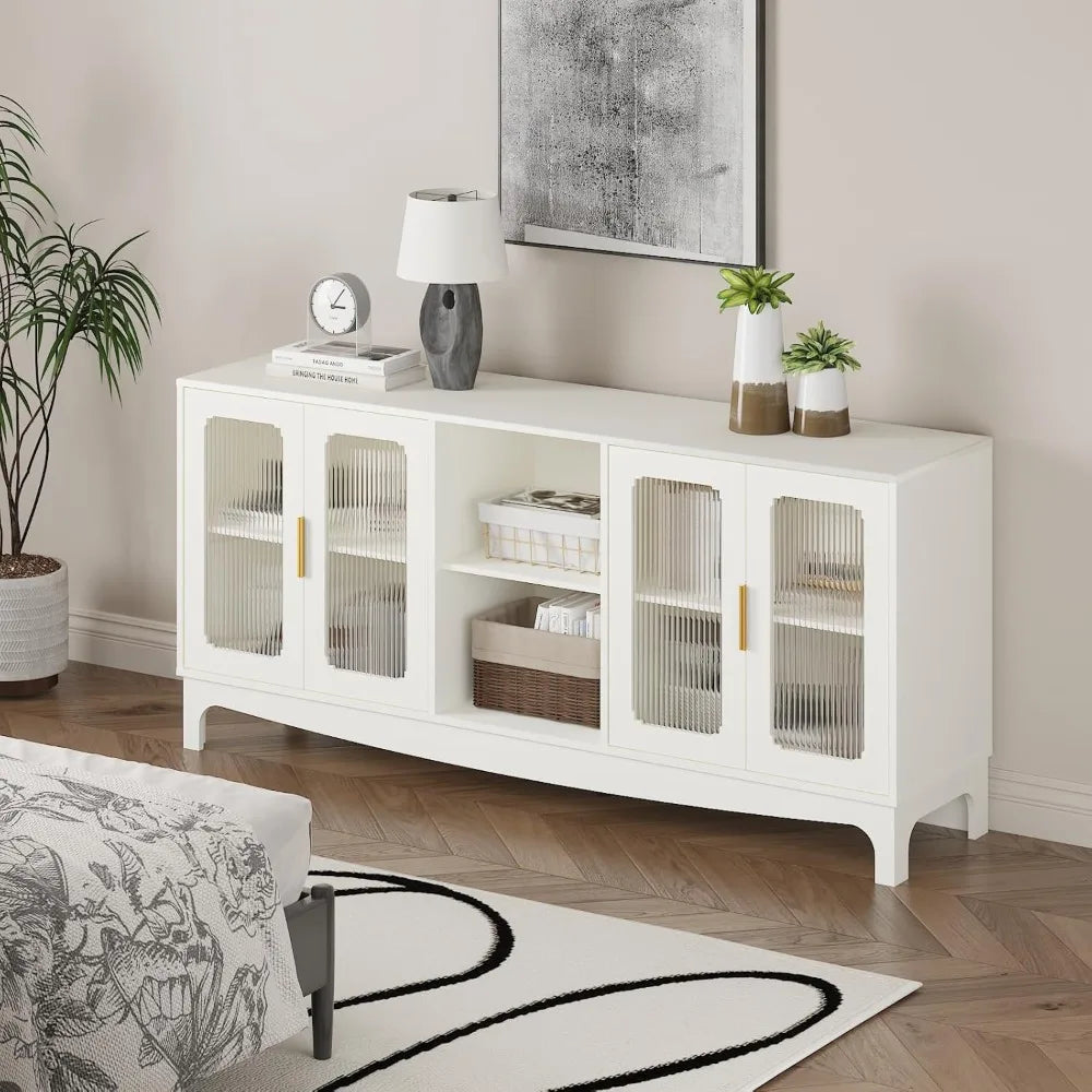 "65" Green TV Stand - Mid-Century Glass Door Console for 70"+ TVs, Wood Storage for Living Room"