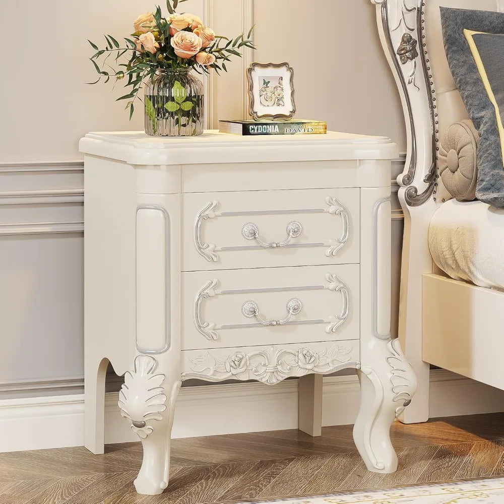 Nightstand, End Table with Drawers, Carved Bedside Tables, Side Table for Bedroom, Classic Bedroom Furniture