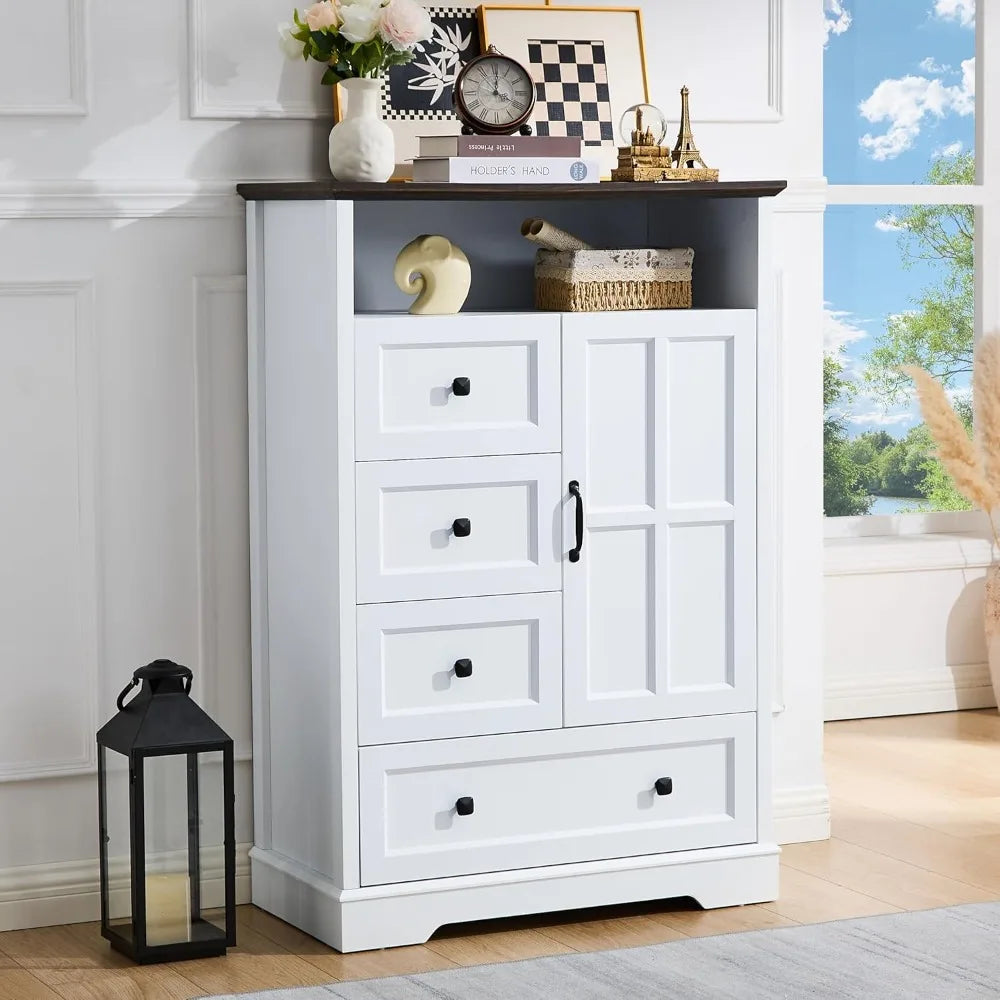 4+1 White Dresser for Bedroom, Chest of Drawers for Bedroom with Wooden Drawers and Cross Door, Wood Dressers Storage TV Stand f