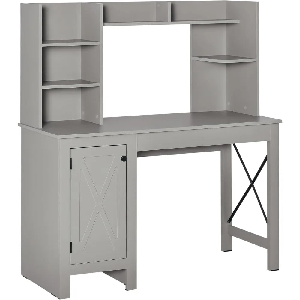 Farmhouse Computer Desk with Hutch and Cabinet, Home Office Desk with Storage, for Study, Light Grey