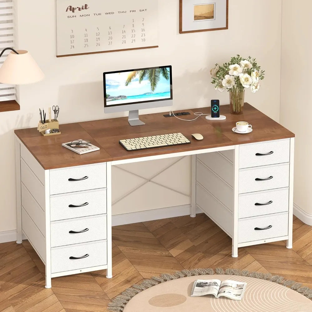 50 Inch Computer Desk with 8 Drawers, Home Office Desk with Power Outlets, Work Study Gaming Desk with 8 Fabric Drawers, Brown a