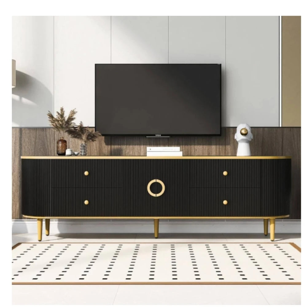 TV Stand Fits TVs up to 80 in. with Vertical Groove Patterns, 4-Storage Drawer, Cabinet, Gold Metal Legs, Handles