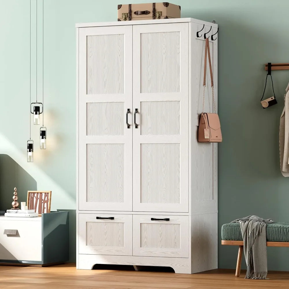 Armoire Wardrobe Closet, 71 H Wooden Clothing Storage Cabinet with 2 Doors and 2 Drawers, Bedroom Freestanding Wardrobe C