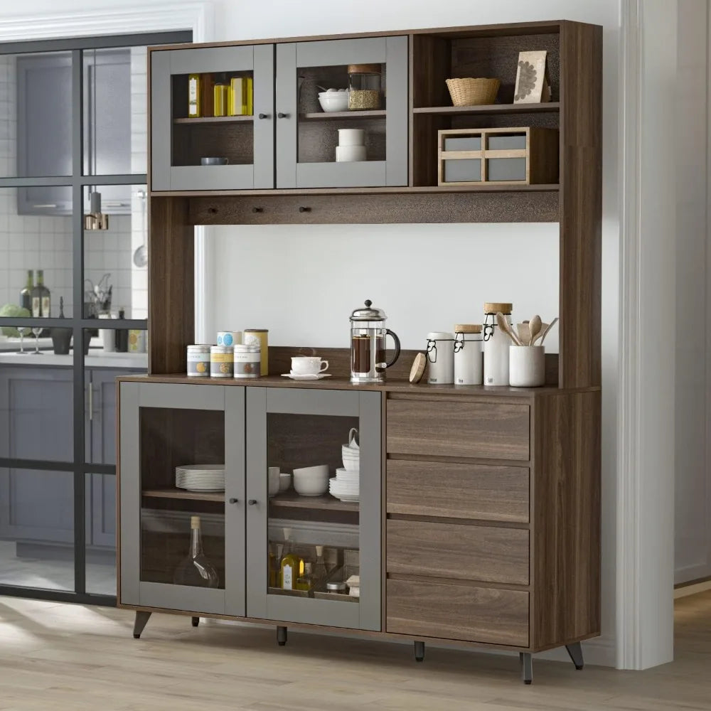 Freestanding Kitchen Pantry Storage Cabinet with Glass Doors, Shelves & Drawers, Modern Sideboard Buffet Cabinet, Wood Kitchen