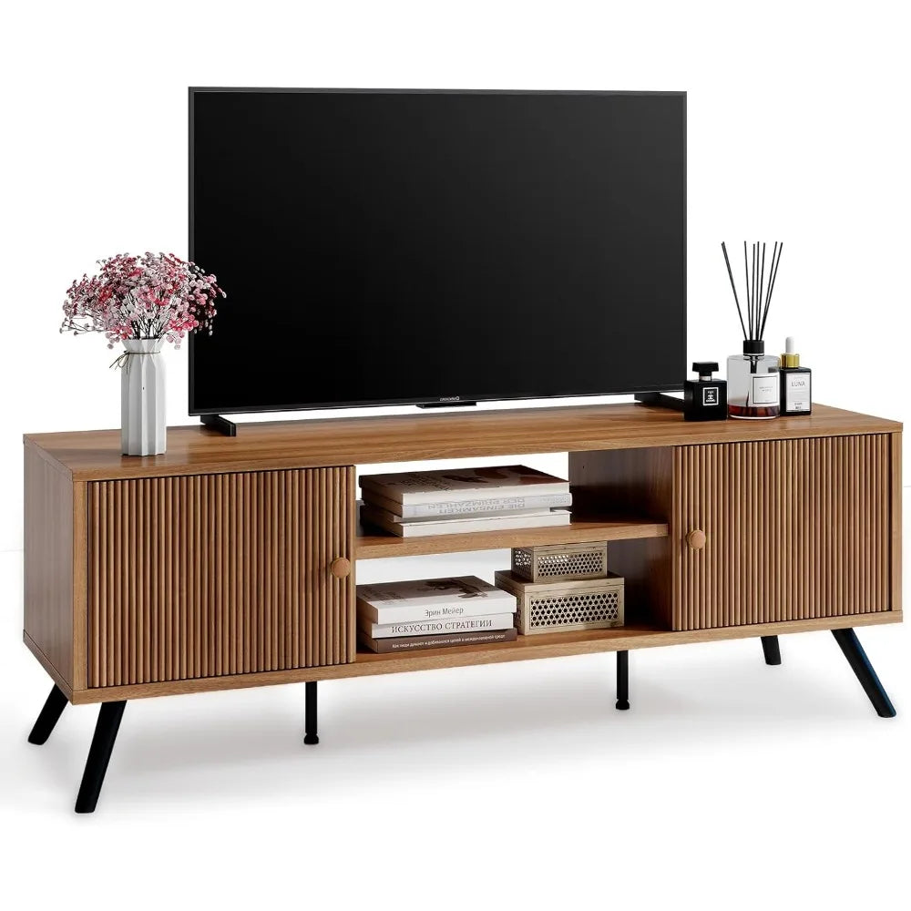 Mid-Century Modern TV Stand for Living Spaces, Entertainment Center Suitable for 55-65 Inch TVs, Retro Brown Console with Floati