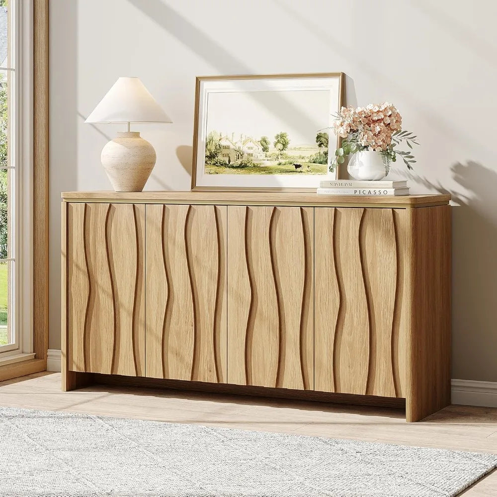 Modern Fluted Buffet Cabinet with 3D Ripple Pattern Doors, Curved Edges and Storage for Dining and Kitchen Areas