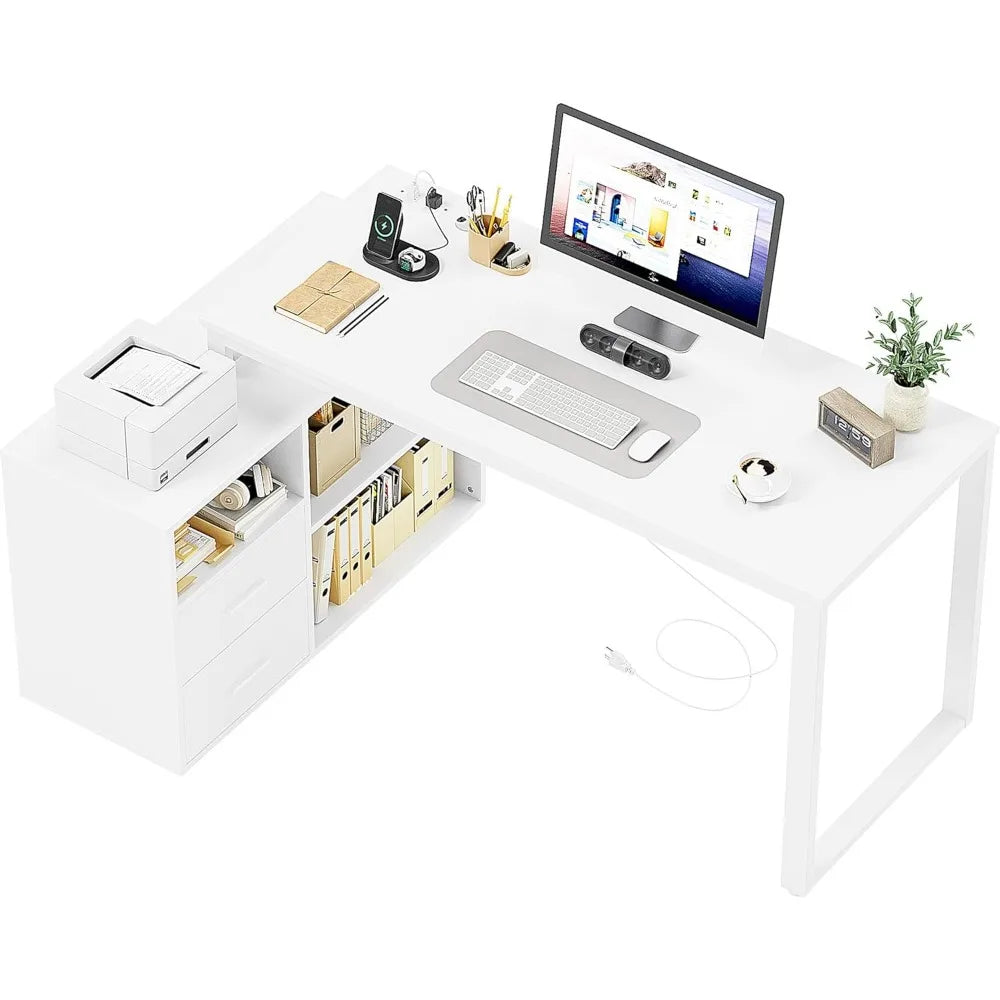 L Shaped Desk with Drawers&Shelves, 55'' Corner Computer Desk with Power Outlets, Reversible PC Table with Storage File Cabinet