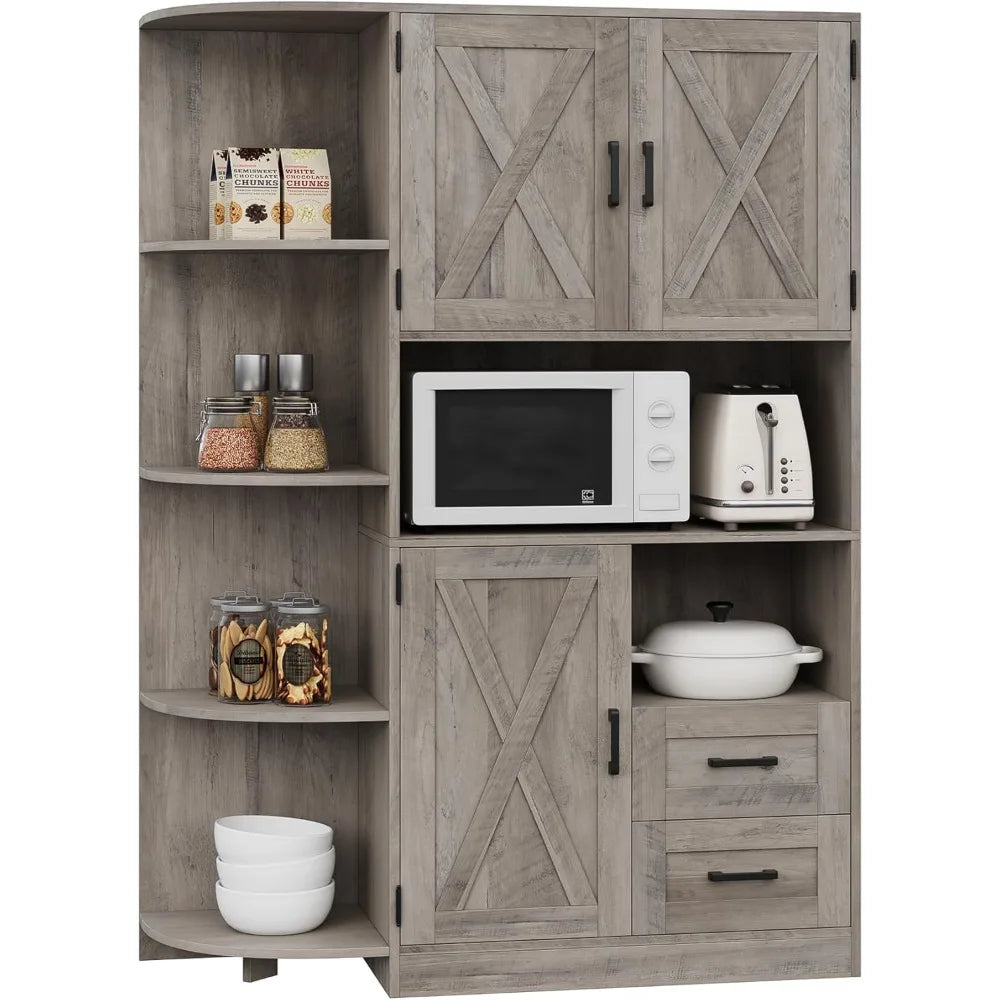 60.4" Farmhouse Kitchen Pantry Storage Cabinet, Freestanding Hutch with Doors & Shelves, Buffet Sideboard with Microwave Stand