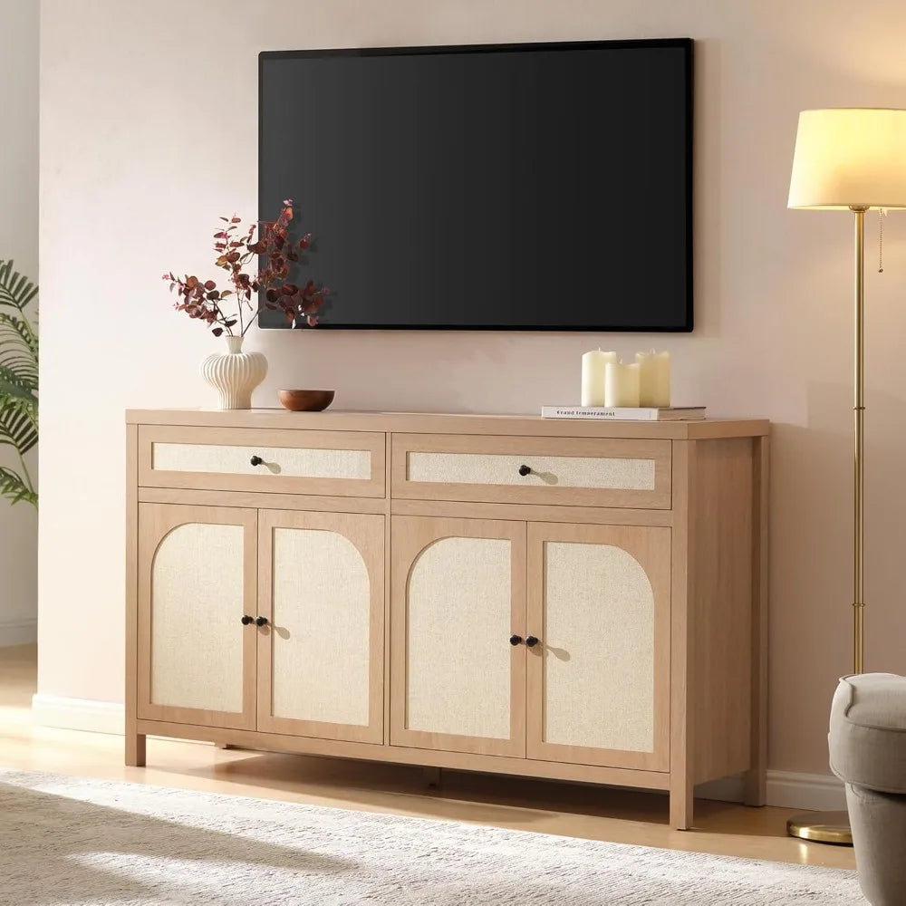 60'' Large Sideboard Buffet Cabinet with Storage,Rattan Accent Cabinet with Doors Drawers and Adjustable Shelves,Farmhouse