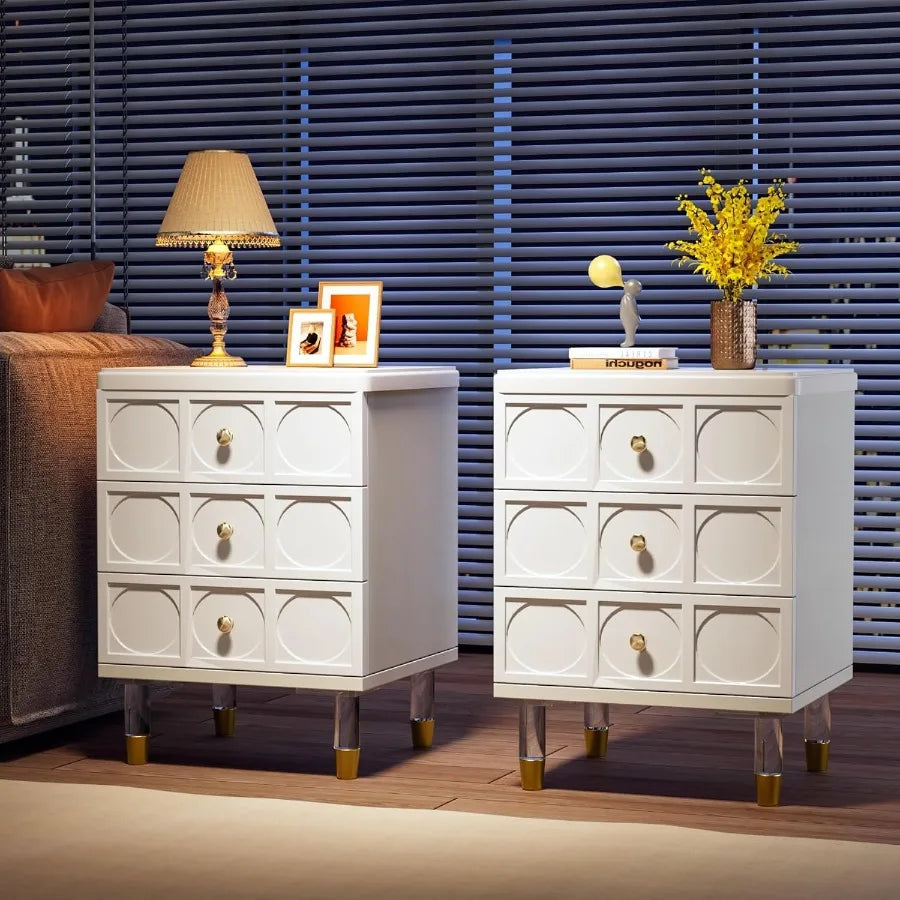 Nightstands Set of 2 Bedside Table with 3 Drawers White Nightstand Modern Night Stand Dresser for Bedroom Night Table Side Tabl