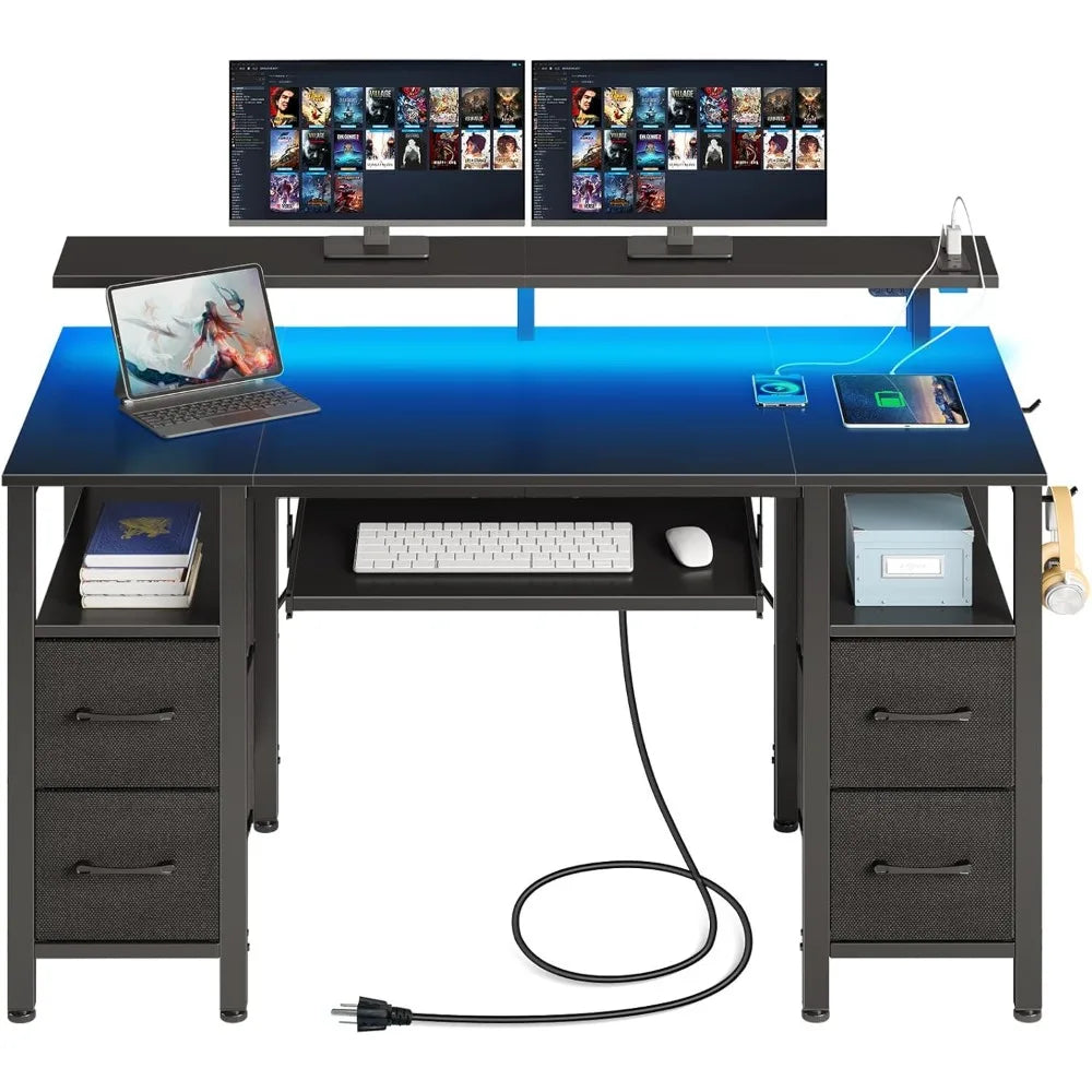Computer Desk 47.2" with LED Lights & Power Outlets, Home Office Desk with 4 Drawers, Writing Desk with Keyboard Tray, Study Ta