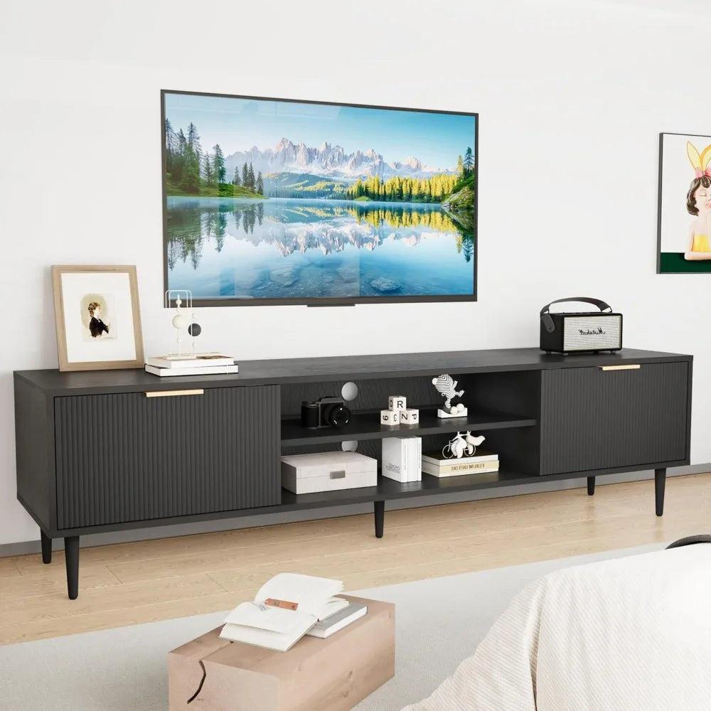 Black TV Stands, Mid Century Modern TV Stand, with 2 Large Storage Cabinets, for TVs Up to 75 in, Black Entertainment Center