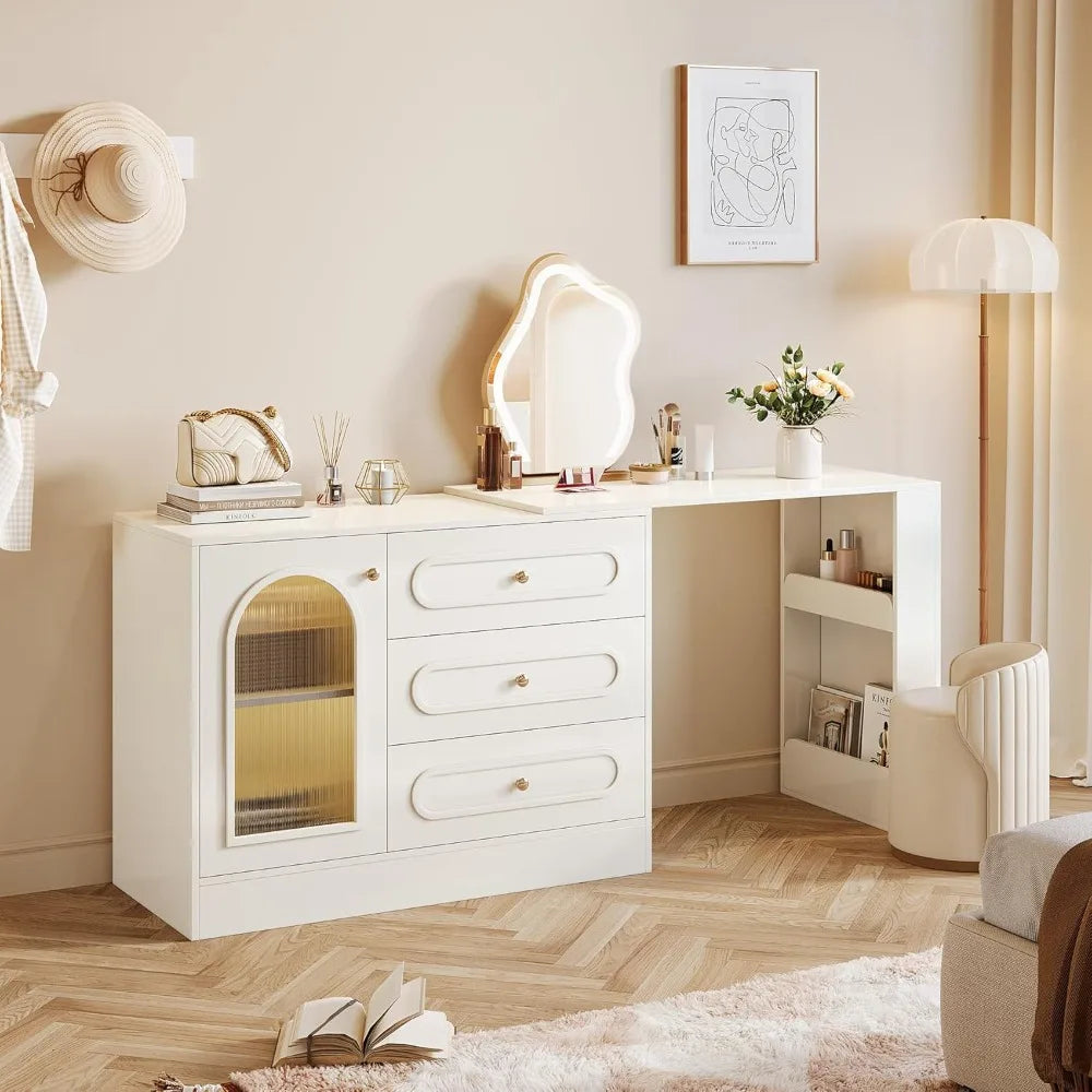 78" Modern L-Shaped Makeup Vanity Desk with 3 Drawers and Extendable Dressing Table