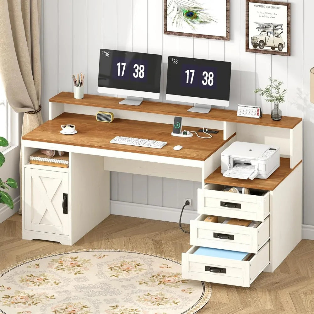 Farmhouse Computer Desk with Drawers, 65'' Home Office Desk with Power Outlets, Storage Cabinet and Printer Stand, Study Wri
