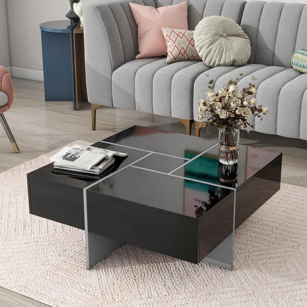 Coffee Table with 4 Hidden Storage Compartments, Extendable Sliding Tabletop, UV High-Gloss Design, 31.5"x31.5", Black
