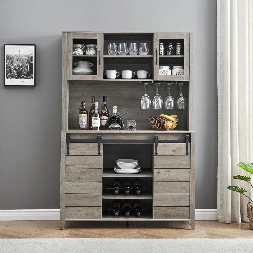 70'' Tall Farmhouse Coffee Bar Cabinet, Kitchen Hutch Storage with Sliding Barn Door, Tall Sideboard Buffet with Wine Rack