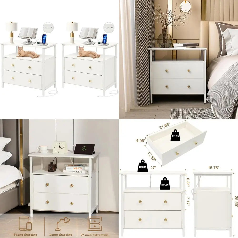 Charging Station Nightstand 27 Inch Wide, 2 Drawer Wood Bedside Table with Open Shelf, Compact End Side Table for Bedroom