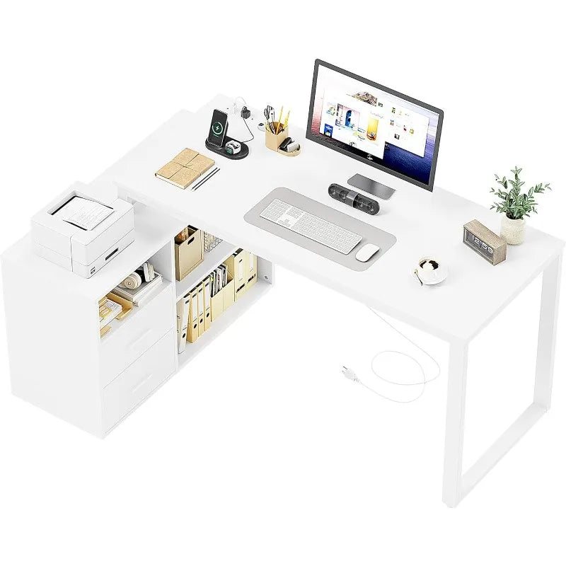 L Shaped Desk with Drawers&Shelves, 55'' Corner Computer Desk with Power Outlets, Reversible PC Table with Storage File C