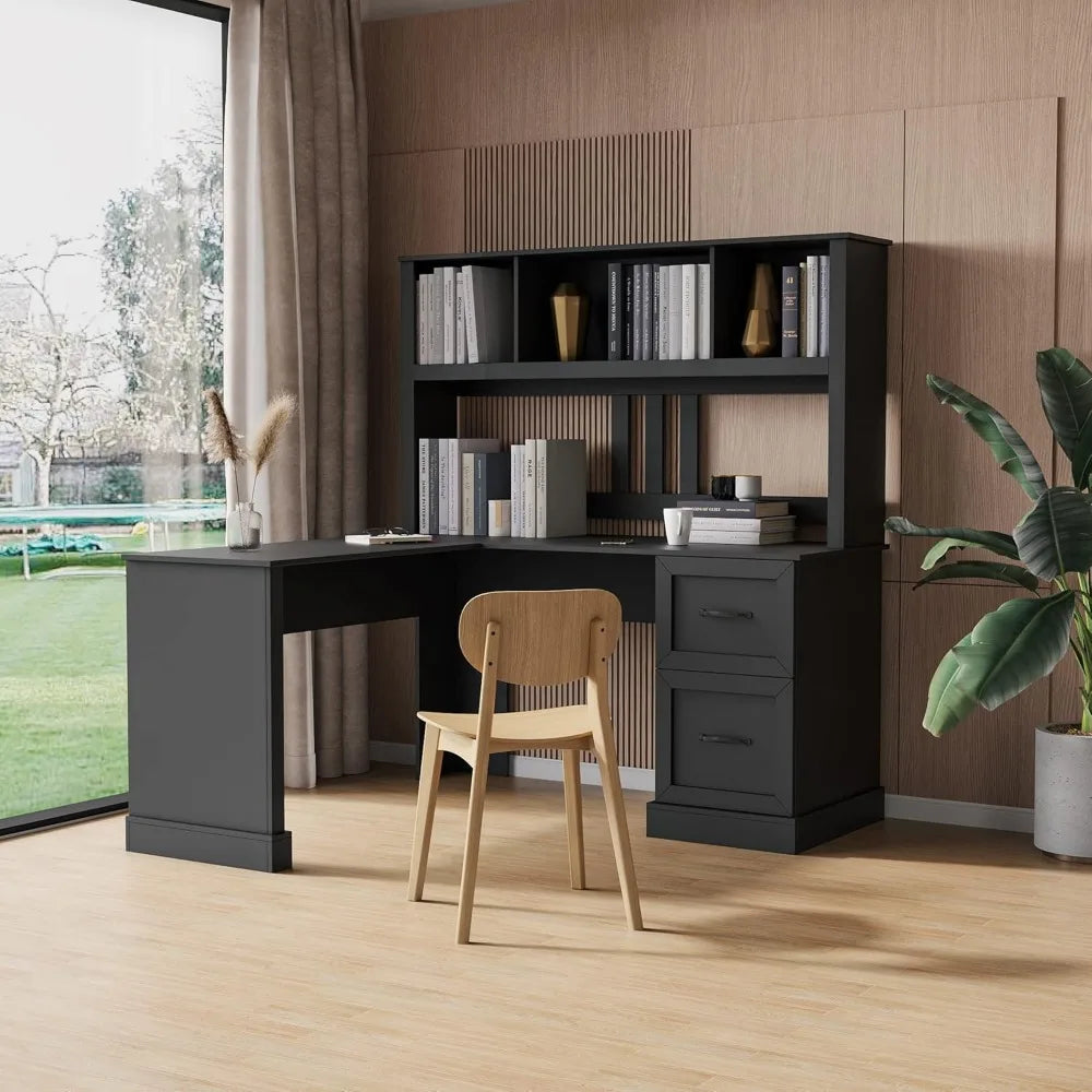 L Shaped Desk,Computer Desk with Drawers,Bookshelf & Hutch,Modern Corner Desk,Home Office Desk,L-Shaped Study Table Writing Des