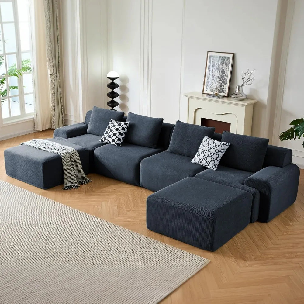 Oversized Cloud Couch, Corduroy U-Shaped Modular Sectional Sofa with 2 Ottomans, Deep Seat Upholstered Boneless Couches