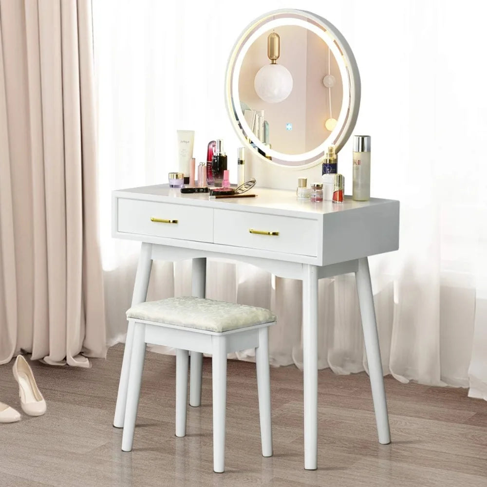 Vanity Set with Touch Screen Dimming Lighted Mirror, 3 Color Lighting Modes, Modern Bedroom Makeup Dressing Table with