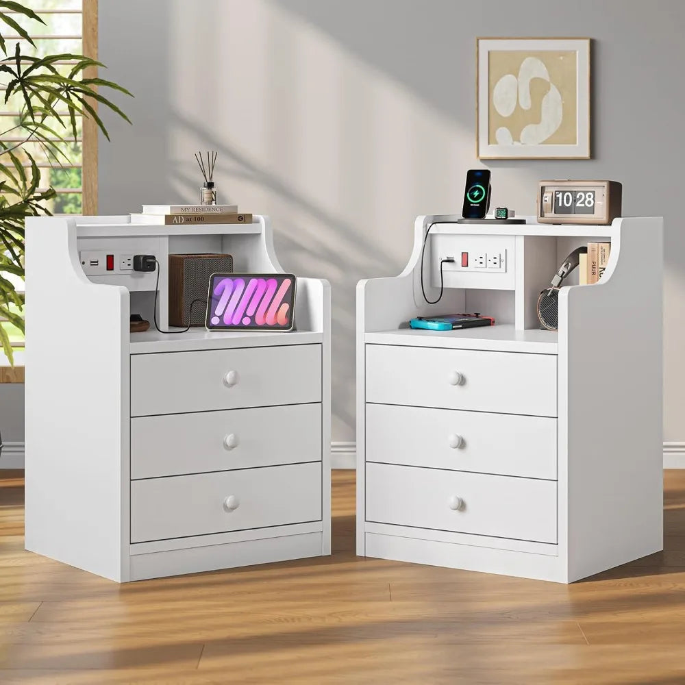 Night Stand Set 2, White Nightstand with Charging Station & Hutch, Night Stands for Bedrooms Set of 2, Bedside Table with