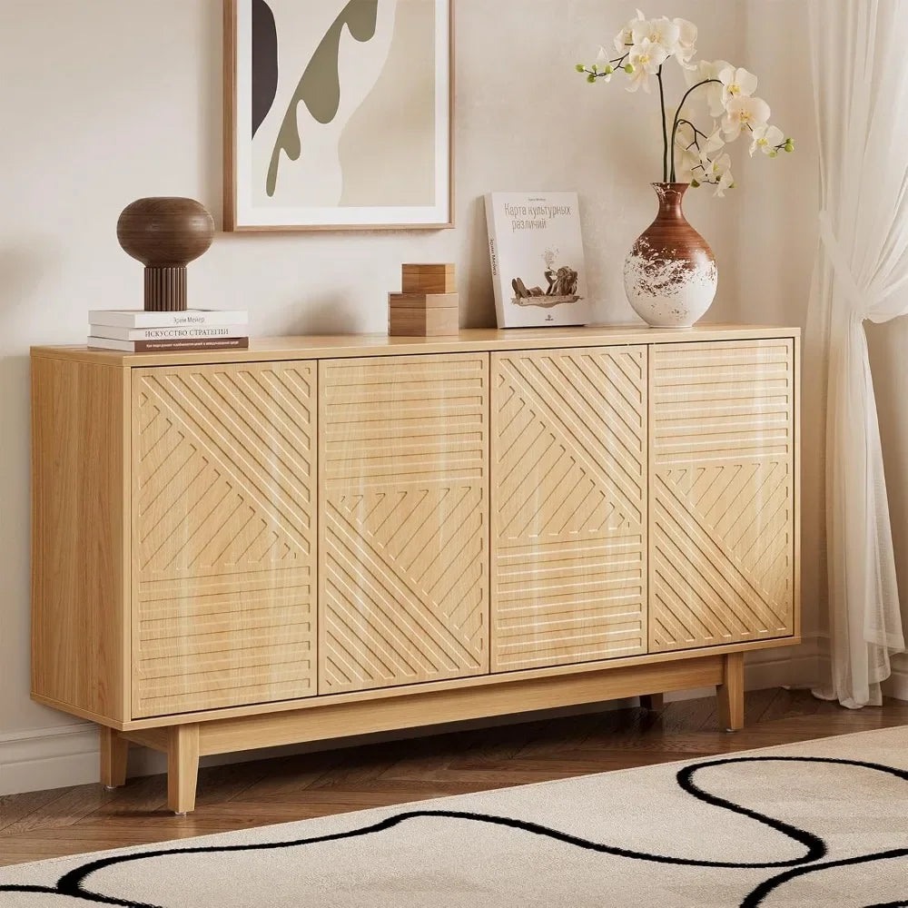 Fluted Sideboard Buffet Cabinet with Storage, Modern 60 inches Sideboard with 4 Doors, Large Wood Buffet Storage Cabinet Credenz