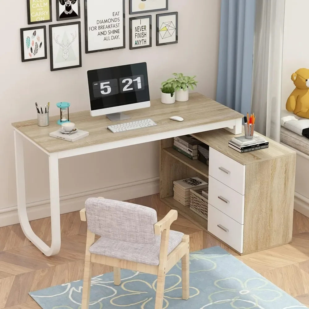 Computer Desk Corner Desk with 3 Drawers and 2 Shelves, 55 Inch Large L-Shaped Study Writing Table