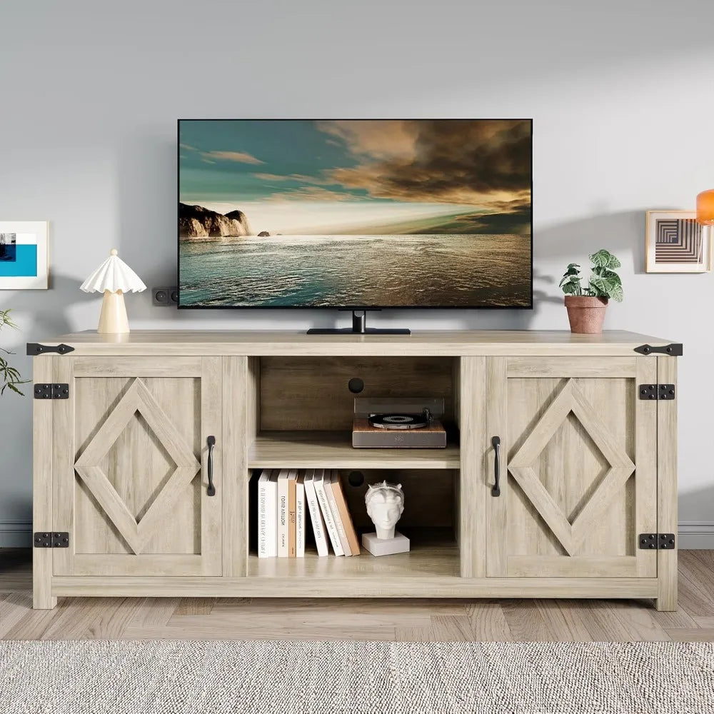 Farmhouse TV Stand for Televisions up to 65, Entertainment Center with Storage Cabinets and Sliding Barn Doors, Media T