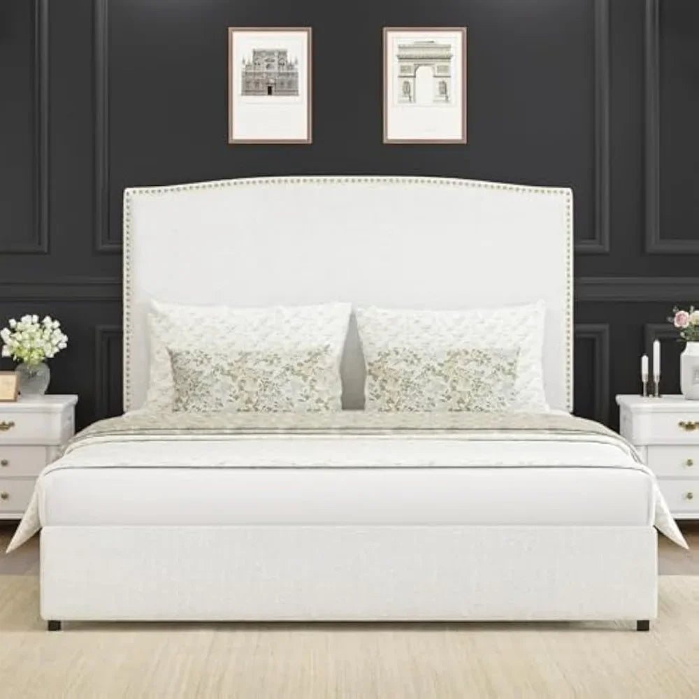 Full Size Upholstered Platform Bed Frame with 56" Headboard Soft Boucle Fabric Mid-Century Modern Design Full Bed Frame