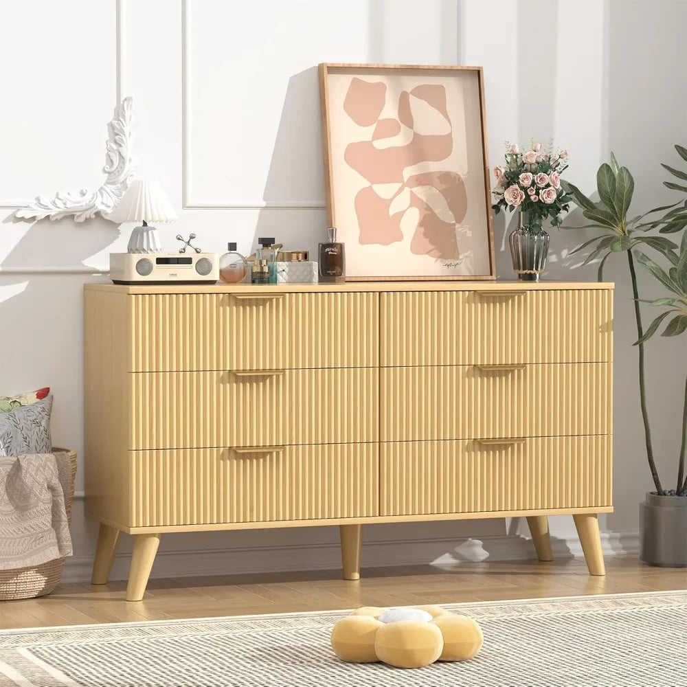 Modern Bohemian Fluted 6-Drawer Dresser, Solid Wood Leg Chest for Bedroom Storage