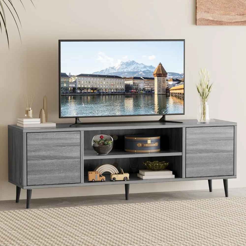 Mid Century Modern TV Stand for 65-inch TVs, Entertainment Center with Storage and Sturdy Legs, Push-to-Open Media Console