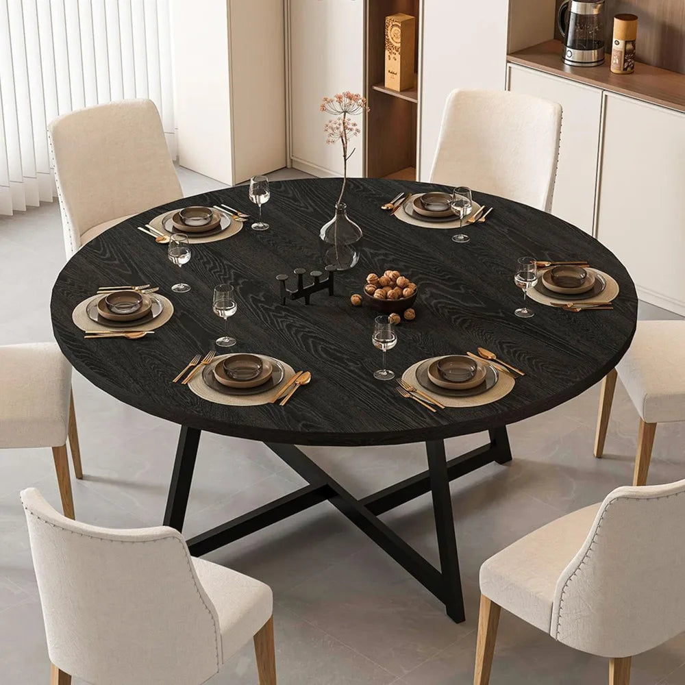 Large Round Dining Table for 6-8, Wooden Dinner Table with Heavy Duty Metal Pedestal Base, Space Saving Design Ideal for Kitchen
