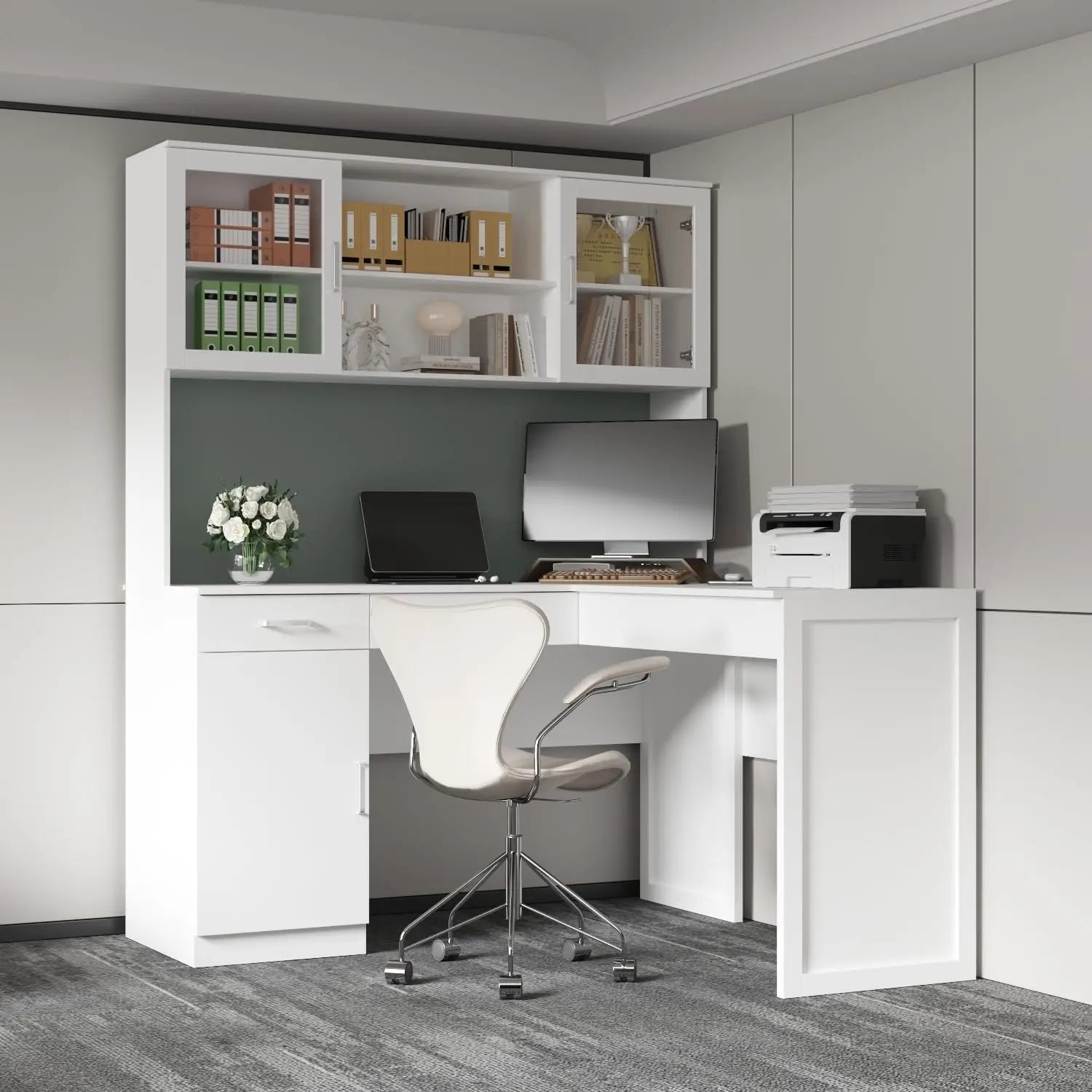 L-Shape Office Desk with Height Adjustable Top, Computer Desk with Drawers and Shelves,Corner for Home Office Living Room, White