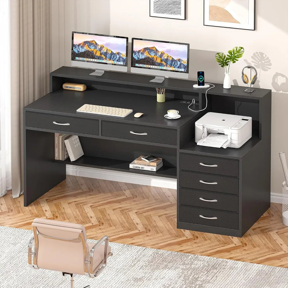Computer Desk with 6 Drawers, 55 Inch Home Office Desk with Storage, Power Outlets and Printer Stand, Study Writing Desks with L
