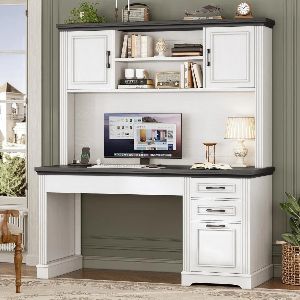 Executive Wood Computer Desk with Hutch and 3 Drawers, 47.2-Inch Storage Desk with Power Outlet
