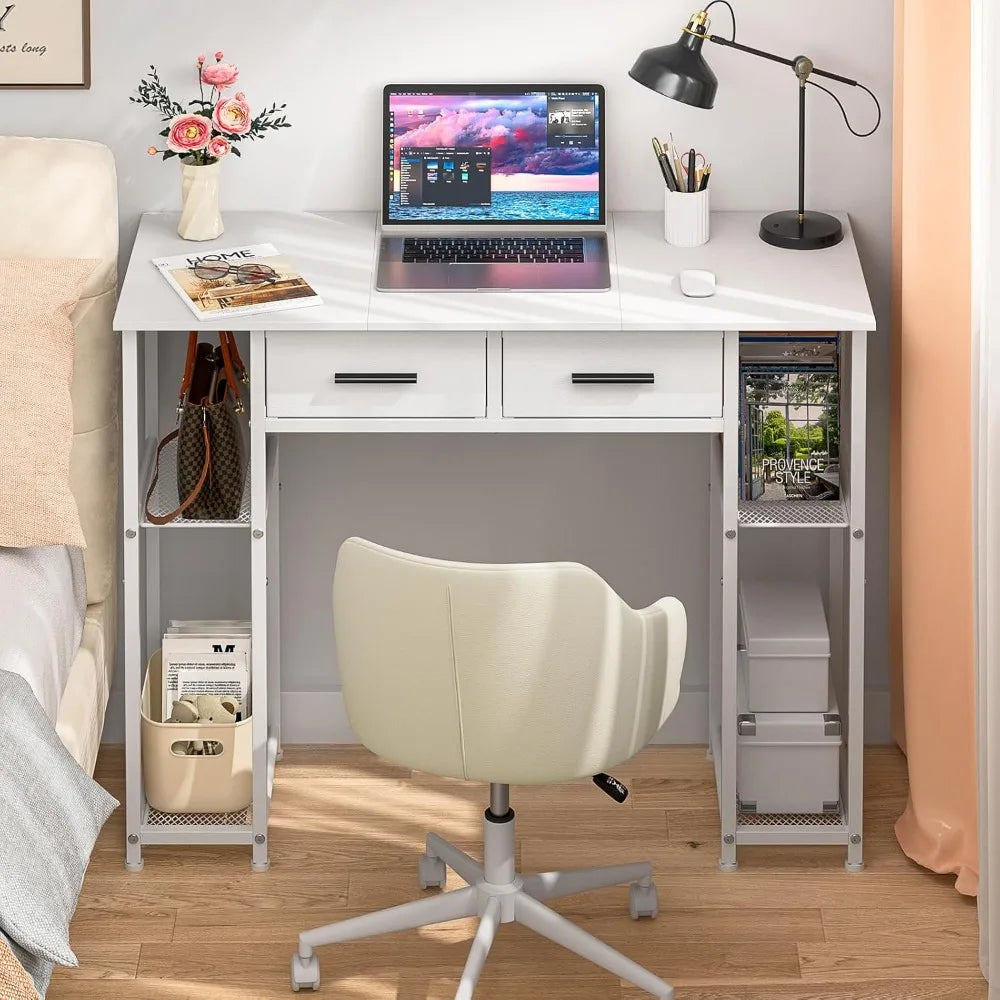 White Computer Desk with Drawers, 37.3 Inch Home Office Work Desk with Storage Shelf, Kids Teens Study Table for Small Space, Sm