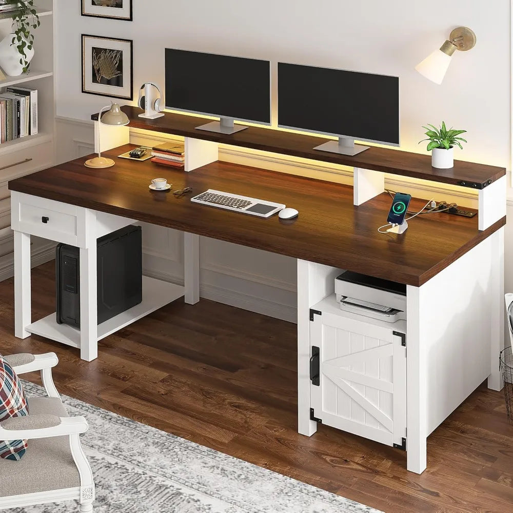Farmhouse Office Desk with Drawer & Power Outlets, 55 Wood Computer Desk Monitor Stand for Bedroom Study, Reversible